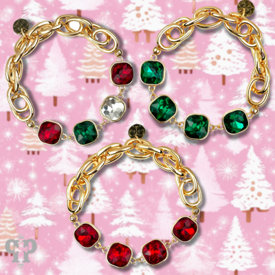 Square Christmas color rhinestone and stretch gold tone bracelet