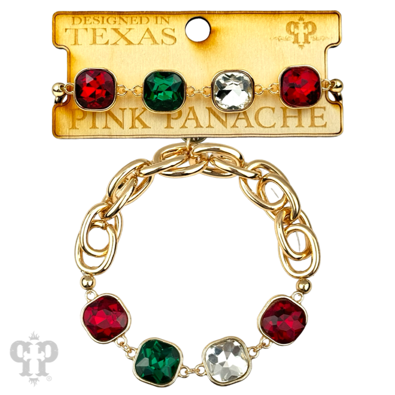 Square Christmas color rhinestone and stretch gold tone bracelet