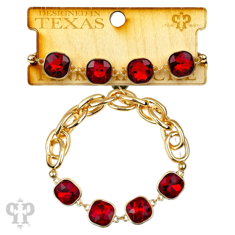 Square Christmas color rhinestone and stretch gold tone bracelet